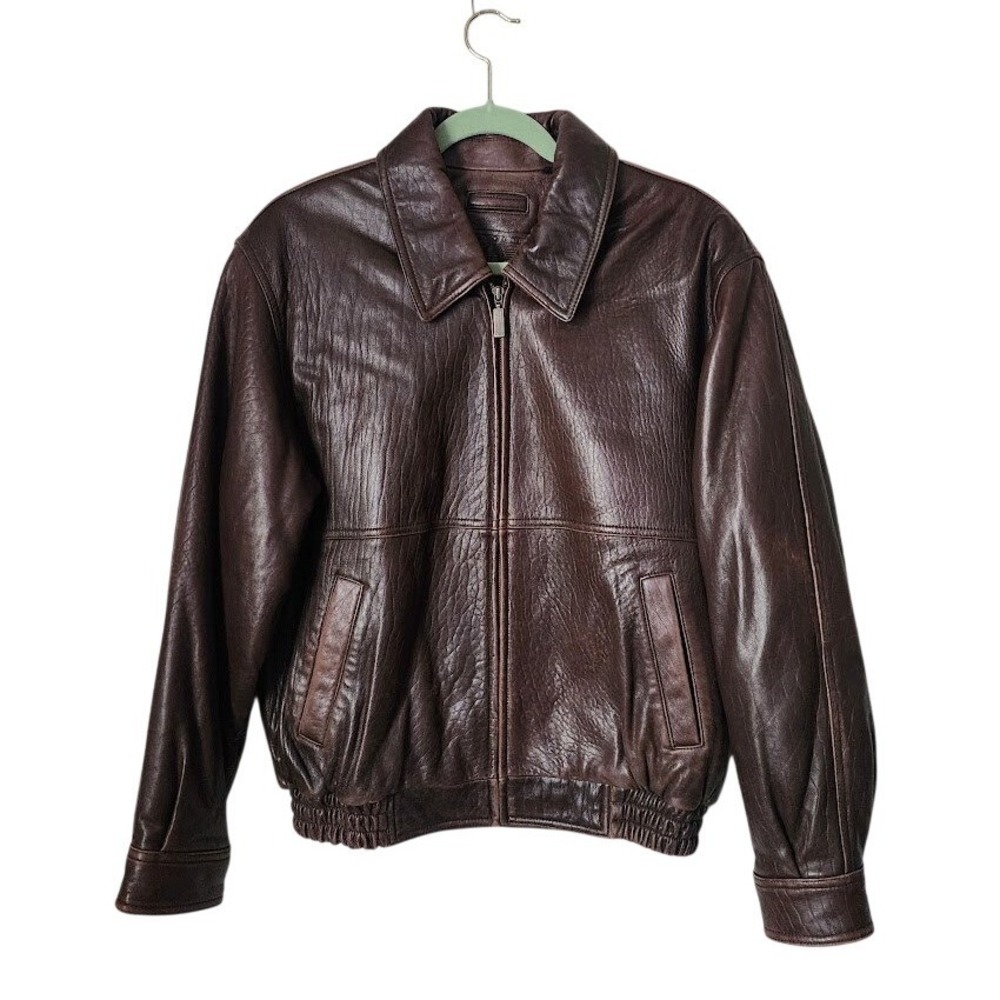 ROUNDTREE & YORKE Brown Leather Bomber Jacket Men's M Full Zip Flight Coat